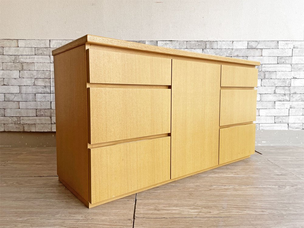 シンプルデザイン Simple Design タモ材 キャビネット チェスト ミニサイドボード W130cm 抽斗6杯 扉収納 オーダー家具 ●