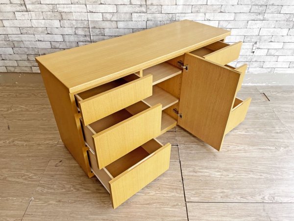 シンプルデザイン Simple Design タモ材 キャビネット チェスト ミニサイドボード W130cm 抽斗6杯 扉収納 オーダー家具 ●