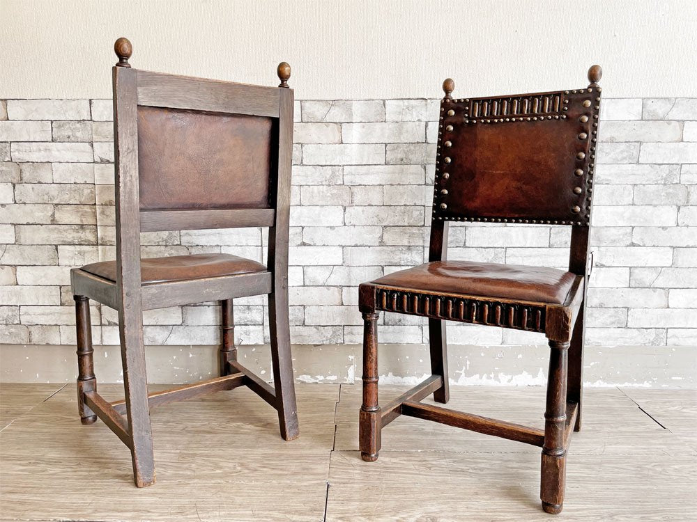 イギリスアンティーク UK Antique ダイニングチェア 2脚セット オーク材 本革 ブラウン スタッズ 鋲打ち 英国ビンテージ A ●