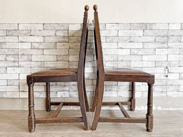 イギリスアンティーク UK Antique ダイニングチェア 2脚セット オーク材 本革 ブラウン スタッズ 鋲打ち 英国ビンテージ A ●