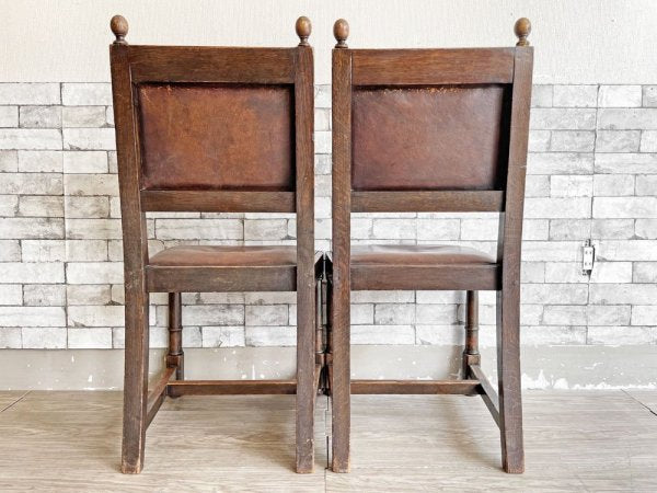 イギリスアンティーク UK Antique ダイニングチェア 2脚セット オーク材 本革 ブラウン スタッズ 鋲打ち 英国ビンテージ A ●
