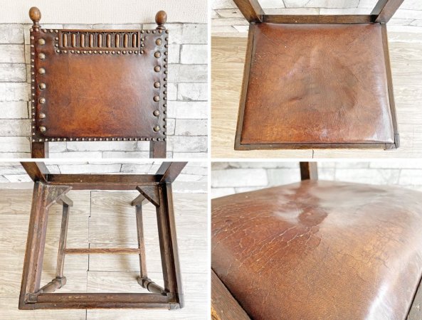 イギリスアンティーク UK Antique ダイニングチェア 2脚セット オーク材 本革 ブラウン スタッズ 鋲打ち 英国ビンテージ A ●