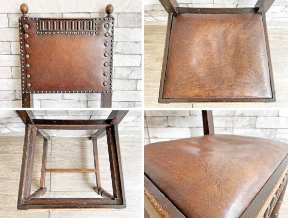 イギリスアンティーク UK Antique ダイニングチェア 2脚セット オーク材 本革 ブラウン スタッズ 鋲打ち 英国ビンテージ A ●