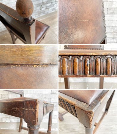 イギリスアンティーク UK Antique ダイニングチェア 2脚セット オーク材 本革 ブラウン スタッズ 鋲打ち 英国ビンテージ A ●
