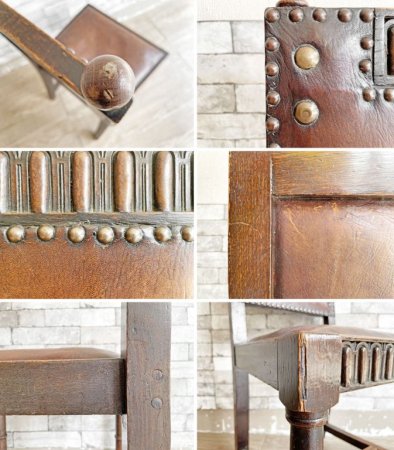 イギリスアンティーク UK Antique ダイニングチェア 2脚セット オーク材 本革 ブラウン スタッズ 鋲打ち 英国ビンテージ A ●