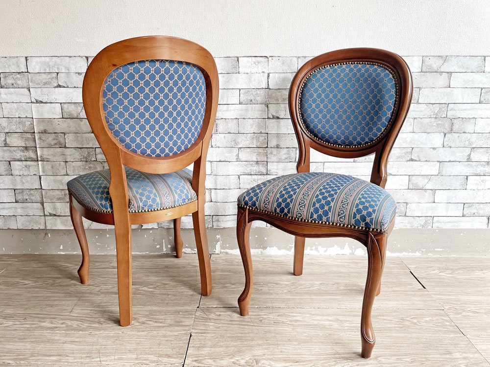 ヨーロピアンクラシカル デザイン European Classical design ダイニングチェア 2脚セット 猫脚 ファブリック ブルー イタリア ロココ調 A ●