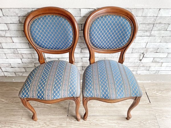 ヨーロピアンクラシカル デザイン European Classical design ダイニングチェア 2脚セット 猫脚 ファブリック ブルー イタリア ロココ調 A ●