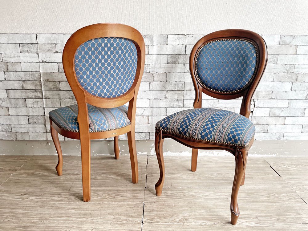 ヨーロピアンクラシカル デザイン European Classical design ダイニングチェア 2脚セット 猫脚 ファブリック ブルー イタリア ロココ調 B ●