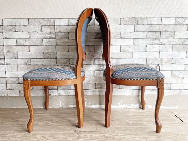 ヨーロピアンクラシカル デザイン European Classical design ダイニングチェア 2脚セット 猫脚 ファブリック ブルー イタリア ロココ調 B ●