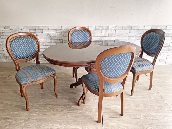 ヨーロピアンクラシカル デザイン European Classical design ダイニングチェア 2脚セット 猫脚 ファブリック ブルー イタリア ロココ調 B ●