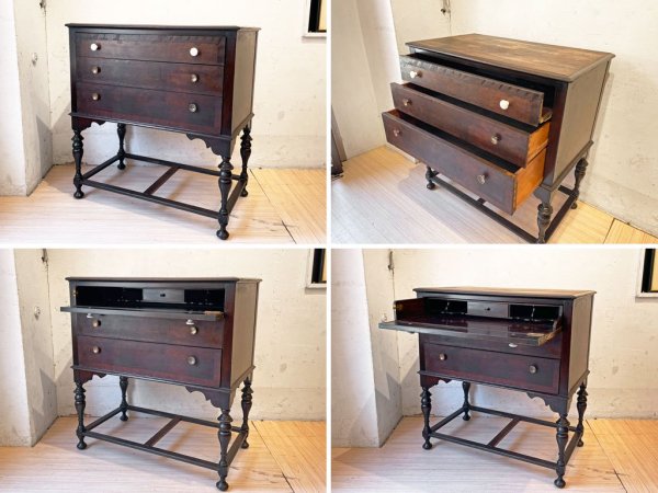 イギリス ビンテージ UK Vintage チェストライティングビューロー 3dr Chest Writing bureau バルボスレッグ アンティーク ★