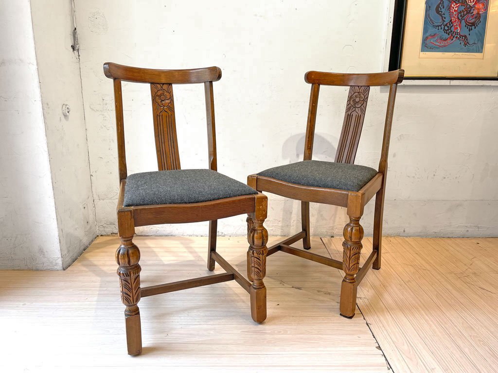 UKアンティーク Antique ダイニングチェア ナラ材 オーク無垢材 2脚セット シート張り替え済み バルボスレッグ クラシカル 英国家具 ★