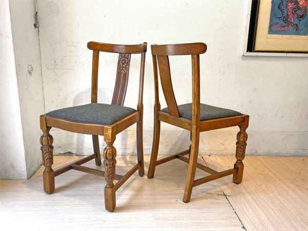 UKアンティーク Antique ダイニングチェア ナラ材 オーク無垢材 2脚セット シート張り替え済み バルボスレッグ クラシカル 英国家具 ★