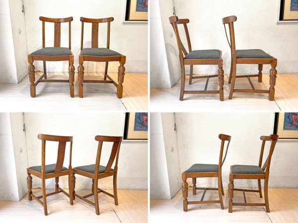 UKアンティーク Antique ダイニングチェア ナラ材 オーク無垢材 2脚セット シート張り替え済み バルボスレッグ クラシカル 英国家具 ★