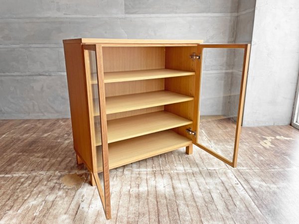 無印良品 MUJI 木製キャビネット 食器棚 カップボード ガラス扉 タモ材 W80cm 廃番 ♪