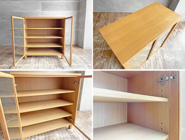 無印良品 MUJI 木製キャビネット 食器棚 カップボード ガラス扉 タモ材 W80cm 廃番 ♪