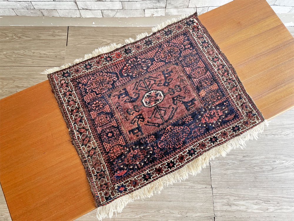 【9】ビンテージ Vintage トライバルラグ バルーチ Bharuch ラグ 絨毯 78×70cm ブラウン系 星柄 イラン アフガニスタン 手織り A ●