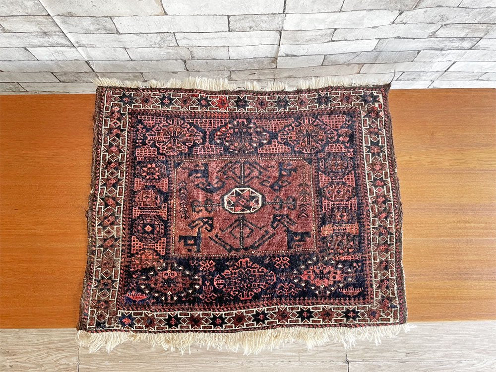 【9】ビンテージ Vintage トライバルラグ バルーチ Bharuch ラグ 絨毯 78×70cm ブラウン系 星柄 イラン アフガニスタン 手織り A ●