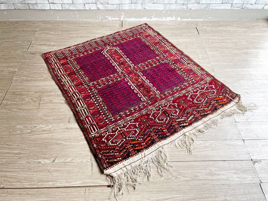 【21】ビンテージ Vintage トライバルラグ トルクメン Turkmen ラグ 絨毯 160×126cm 赤系 エンシ イラン トルクメニスタン 手織り M ●