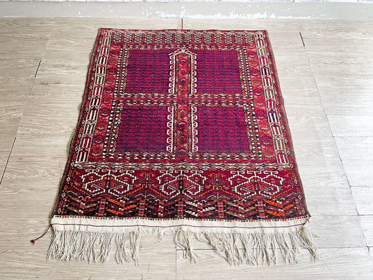 【21】ビンテージ Vintage トライバルラグ トルクメン Turkmen ラグ 絨毯 160×126cm 赤系 エンシ イラン トルクメニスタン 手織り M ●