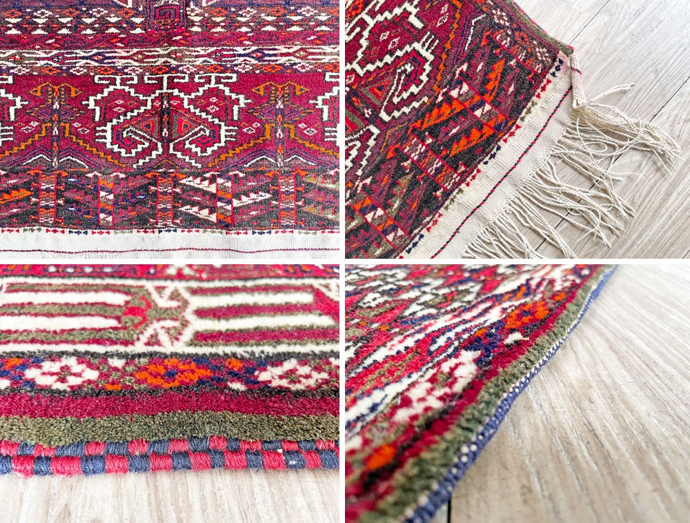 【21】ビンテージ Vintage トライバルラグ トルクメン Turkmen ラグ 絨毯 160×126cm 赤系 エンシ イラン トルクメニスタン 手織り M ●