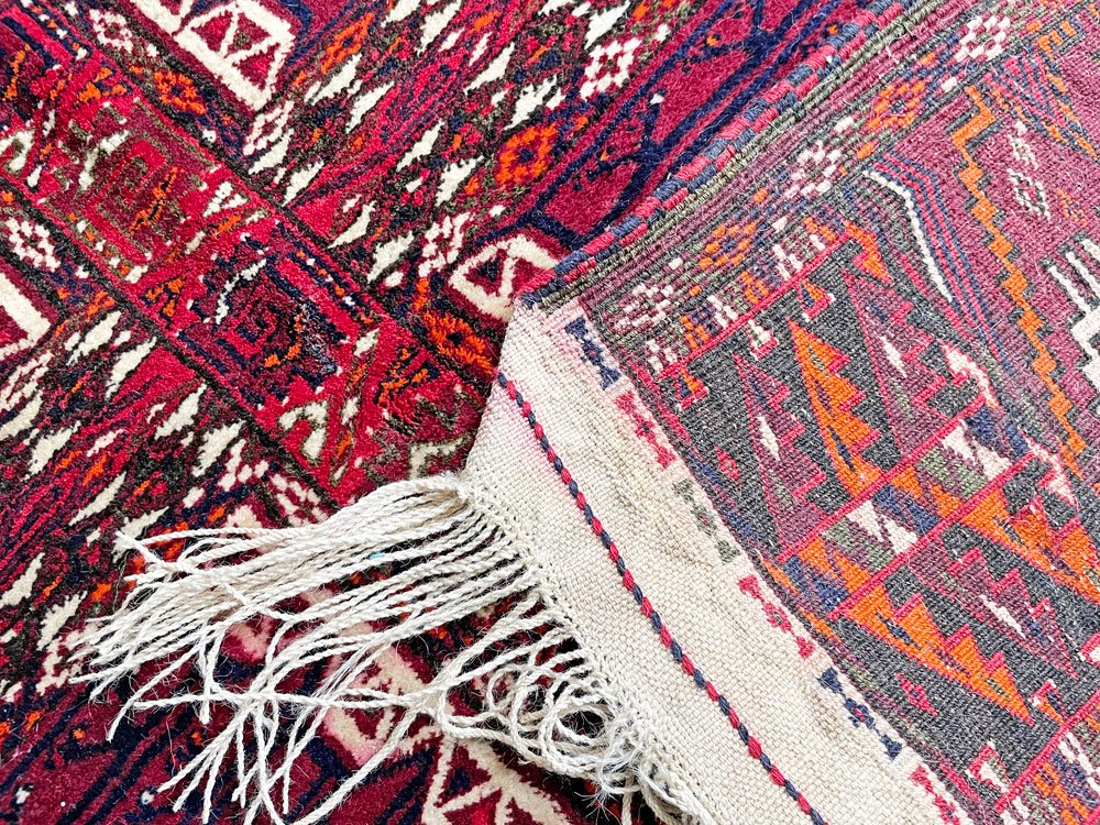 【21】ビンテージ Vintage トライバルラグ トルクメン Turkmen ラグ 絨毯 160×126cm 赤系 エンシ イラン トルクメニスタン 手織り M ●