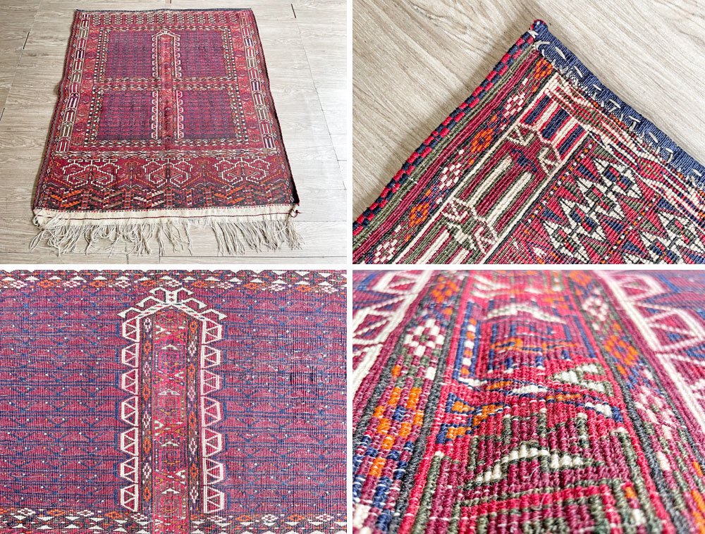 【21】ビンテージ Vintage トライバルラグ トルクメン Turkmen ラグ 絨毯 160×126cm 赤系 エンシ イラン トルクメニスタン 手織り M ●