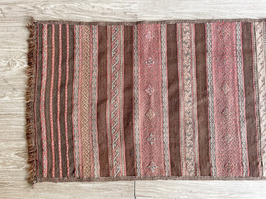 【24】ビンテージ Vintage オールドキリム ラグ 絨毯 220×73cm ブラウン系 ボーダー柄 中近東 トルコ 手織り C ●