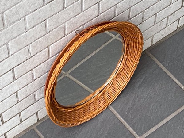 ヨーロピアンビンテージ European Vintage ラタン ウォールミラー ラウンド 壁掛け 鏡 ■