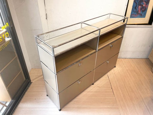 ユーエスエムハラー USM Haller モジュラー ハラーシステム 2×4 キャビネット サイドボード ベージュ オープンシェルフ×2 ドロップダウンドア×2 ドロワー×2 スイス 鍵付き ★