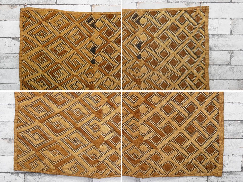 アフリカ クバ族 クバクロス Kuba Cloth 草ビロード 63×63cm スクエア ラフィアヤシ ビンテージ テキスタイル プリミティブ 民芸 ●