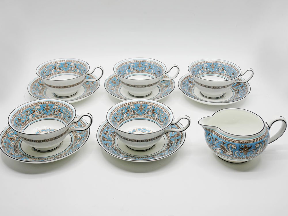 ウェッジウッド WEDGWOOD フロレンティーン ターコイズ ティーカップ&ソーサー 5客 クリーマー 6点セット 英国 合計定価￥121,000- ●