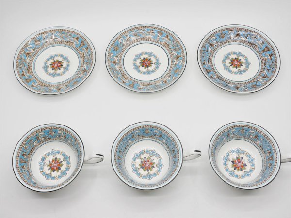 ウェッジウッド WEDGWOOD フロレンティーン ターコイズ ティーカップ&ソーサー 5客 クリーマー 6点セット 英国 合計定価￥121,000- ●