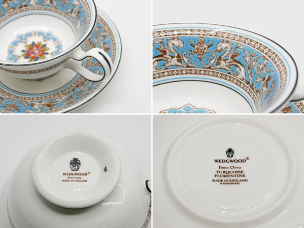 ウェッジウッド WEDGWOOD フロレンティーン ターコイズ ティーカップ&ソーサー 5客 クリーマー 6点セット 英国 合計定価￥121,000- ●