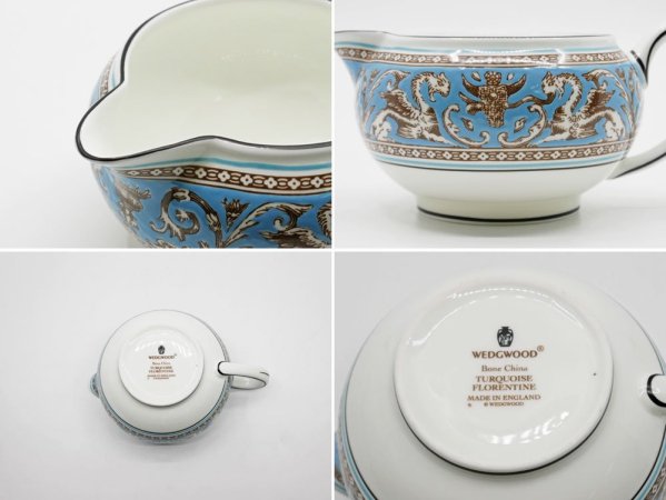 ウェッジウッド WEDGWOOD フロレンティーン ターコイズ ティーカップ&ソーサー 5客 クリーマー 6点セット 英国 合計定価￥121,000- ●