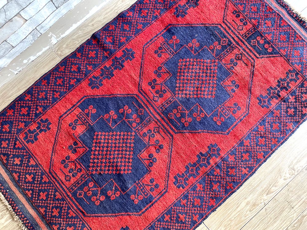 ビンテージ Vintage トルクメン ラグ 絨毯 183×110cm  ギュル ダークレッド ×ネイビー 中近東 イラン 手織り ●