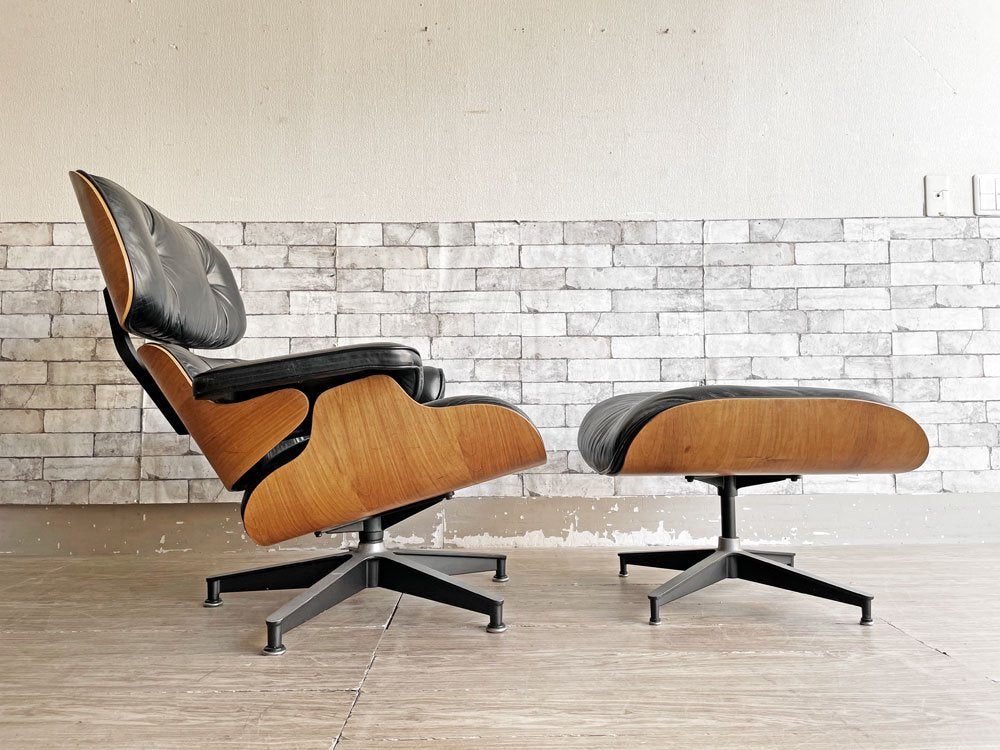 ハーマンミラー Herman Miller イームズラウンジチェア & オットマン ブラックレザー ローズウッド 1970-80s ビンテージ ミッドセンチュリー ●