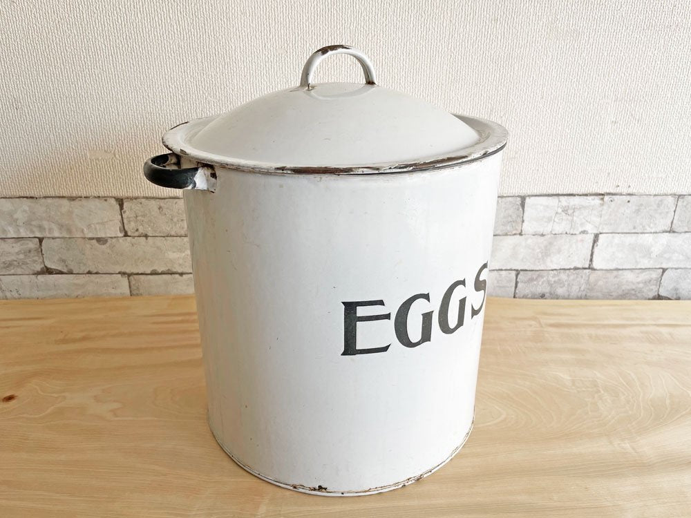 UKビンテージ Vintage エッグ缶 EGGS ホーロー 琺瑯 ワイヤーバスケット付き キャニスター 保存容器 英国 アンティーク ディスプレイアイテム 特大 希少 ●