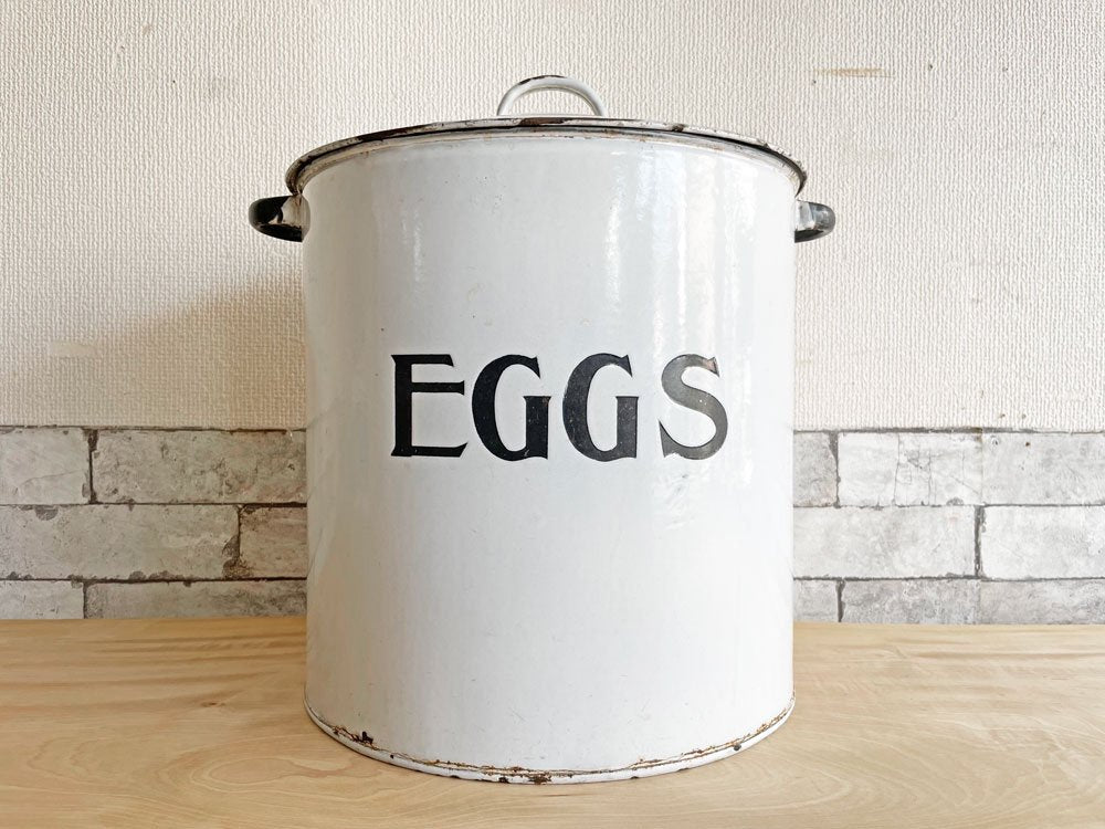 UKビンテージ Vintage エッグ缶 EGGS ホーロー 琺瑯 ワイヤーバスケット付き キャニスター 保存容器 英国 アンティーク ディスプレイアイテム 特大 希少 ●