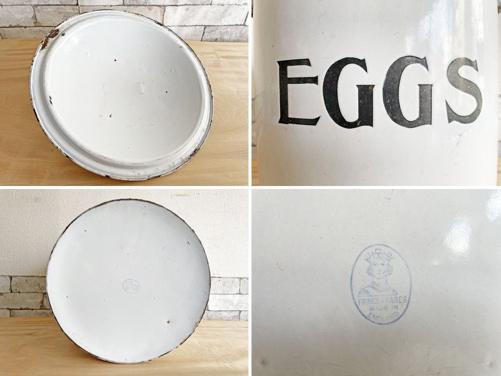 UKビンテージ Vintage エッグ缶 EGGS ホーロー 琺瑯 ワイヤーバスケット付き キャニスター 保存容器 英国 アンティーク ディスプレイアイテム 特大 希少 ●