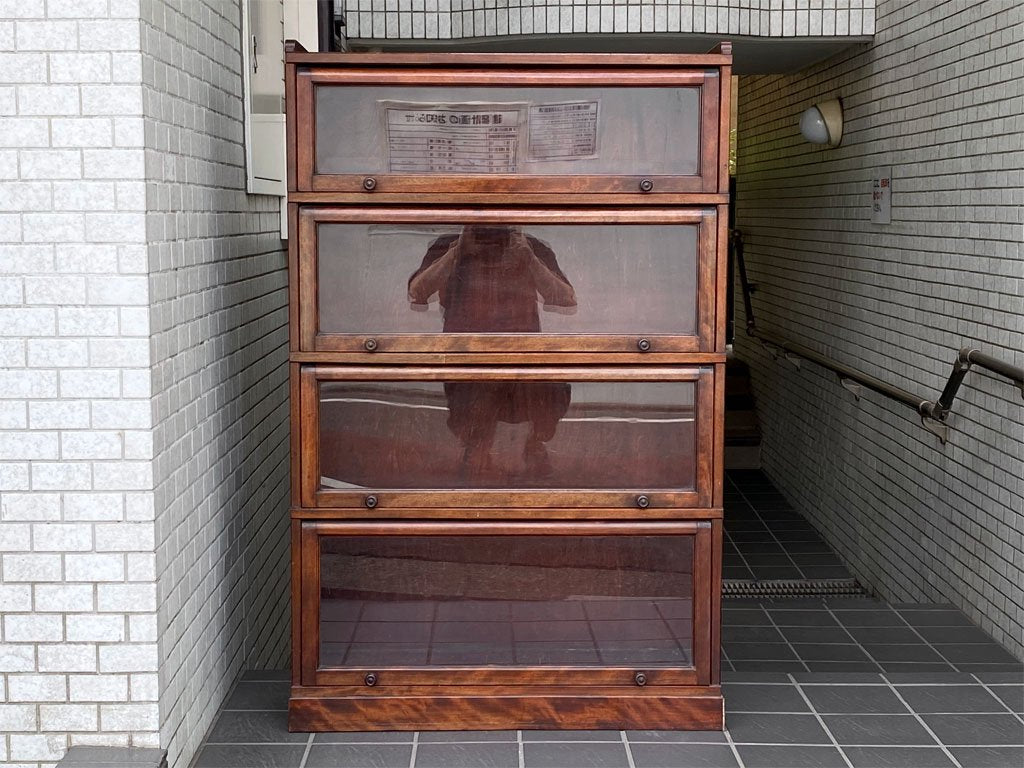 UKビンテージ UK Vintage ブックケース ガラスキャビネット オーク材 フラップ扉 4段 アンティーク 英国家具 ■