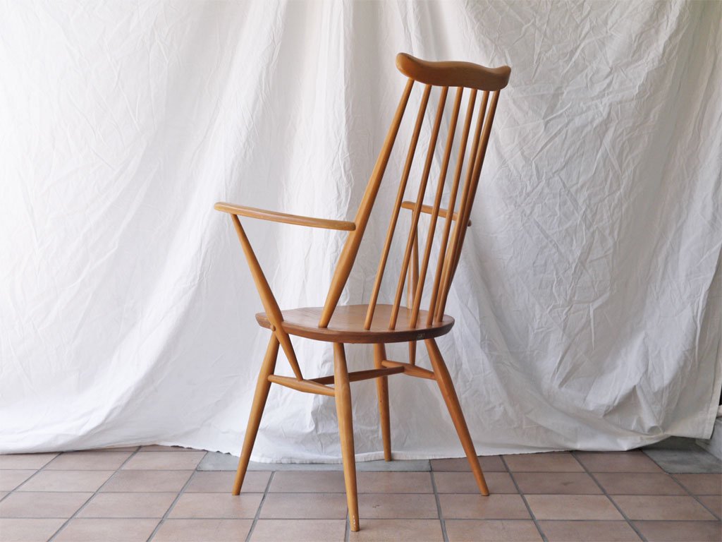 アーコール Ercol ゴールドスミス アームチェア ハイバック スティックバック エルム材 ナチュラルカラー UKビンテージ 英国 A ◇