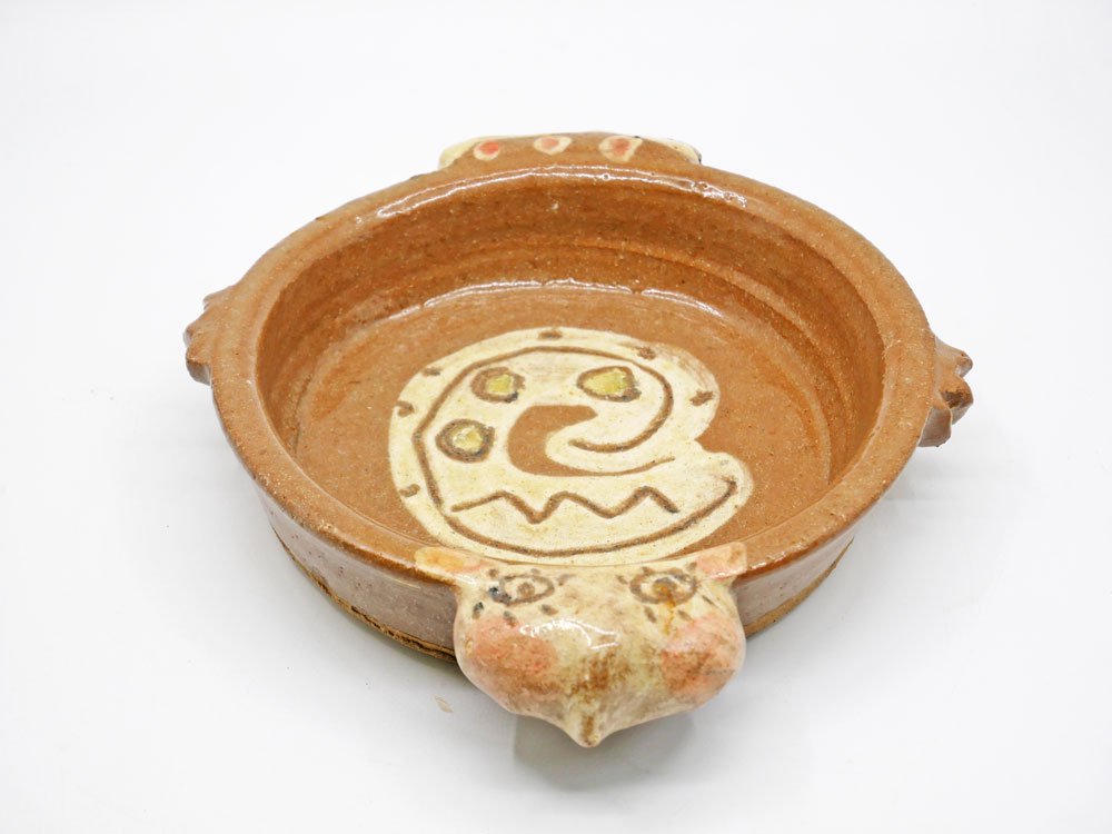 吉川千香子 動物レリーフ 手付碗 キャセロール 直径20.5cm 陶芸家 現代作家 ●