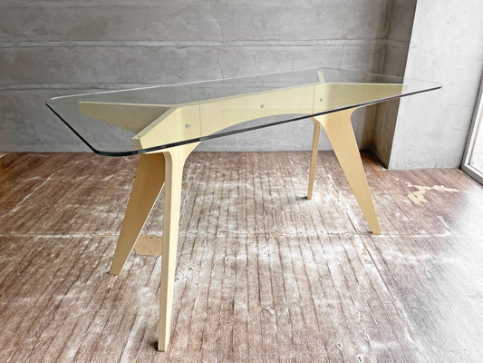 イーアンドワイ E＆Y ペガサス ダイニングテーブル PEGASUS DINING TABLE Sサイズ ホワイト WU-1 W140 ビーチ材プライウッド×ガラストップ 定価\132,000- ♪