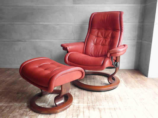 エコーネス EKORNES ストレスレスチェア Stressless ロイヤル Royal 本革 リクライニングチェア オットマン付き 赤茶系♪