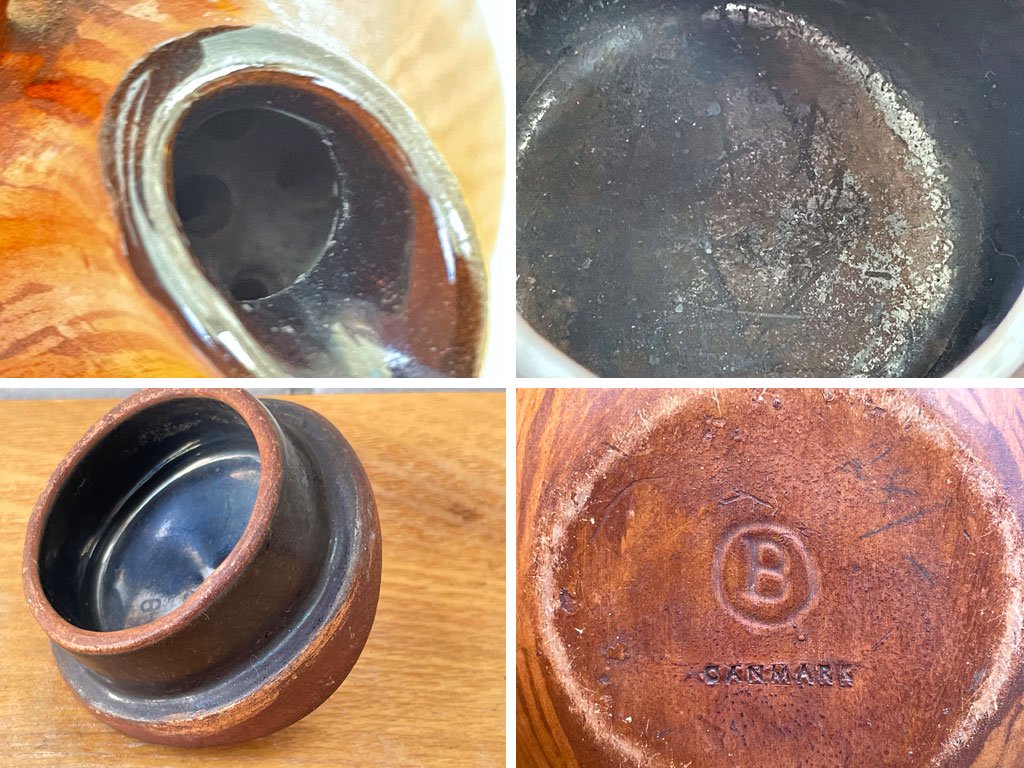 デンマークビンテージ Danish Vintage 木目調 陶製ティーポット ラタン製ハンドル モダン 希少 北欧食器 ■