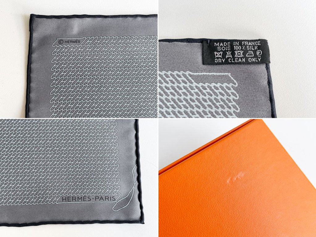 エルメス HERMES カレ42 ハンカチ グレー系 総柄 シルク100％ フランス made in france 箱付き 美品 ●