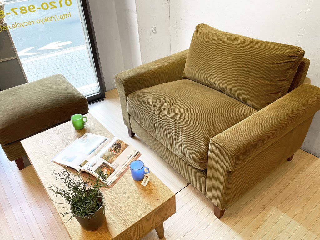 トラックファニチャー TRUCK FURNITURE FK SOFA 1.5シーター ソファ コーデュロイ ウォールナット無垢材 フェザークッション 張地F-21 グリーン ★