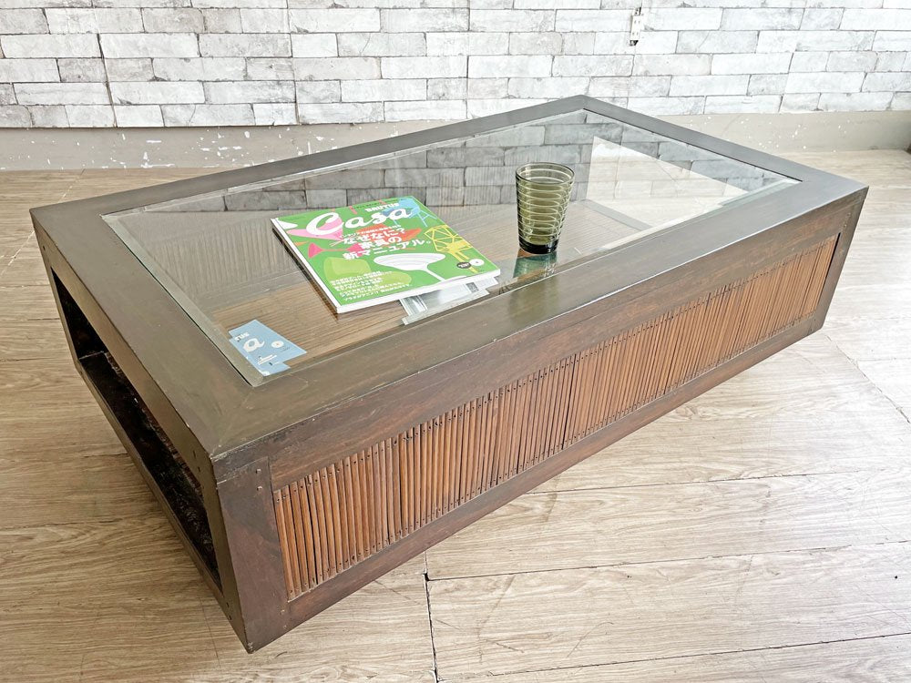 アジアン家具 無垢材 x バンブー ガラス天板 ローテーブル センターテーブル W120cm バリ家具 ●