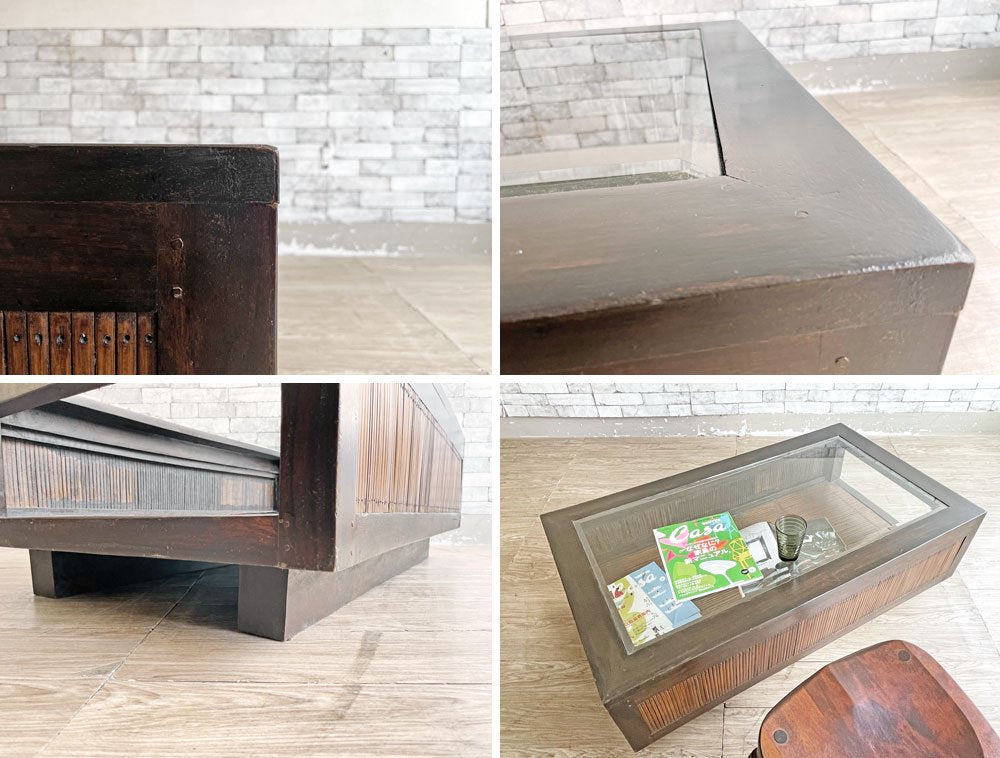 アジアン家具 無垢材 x バンブー ガラス天板 ローテーブル センターテーブル W120cm バリ家具 ●